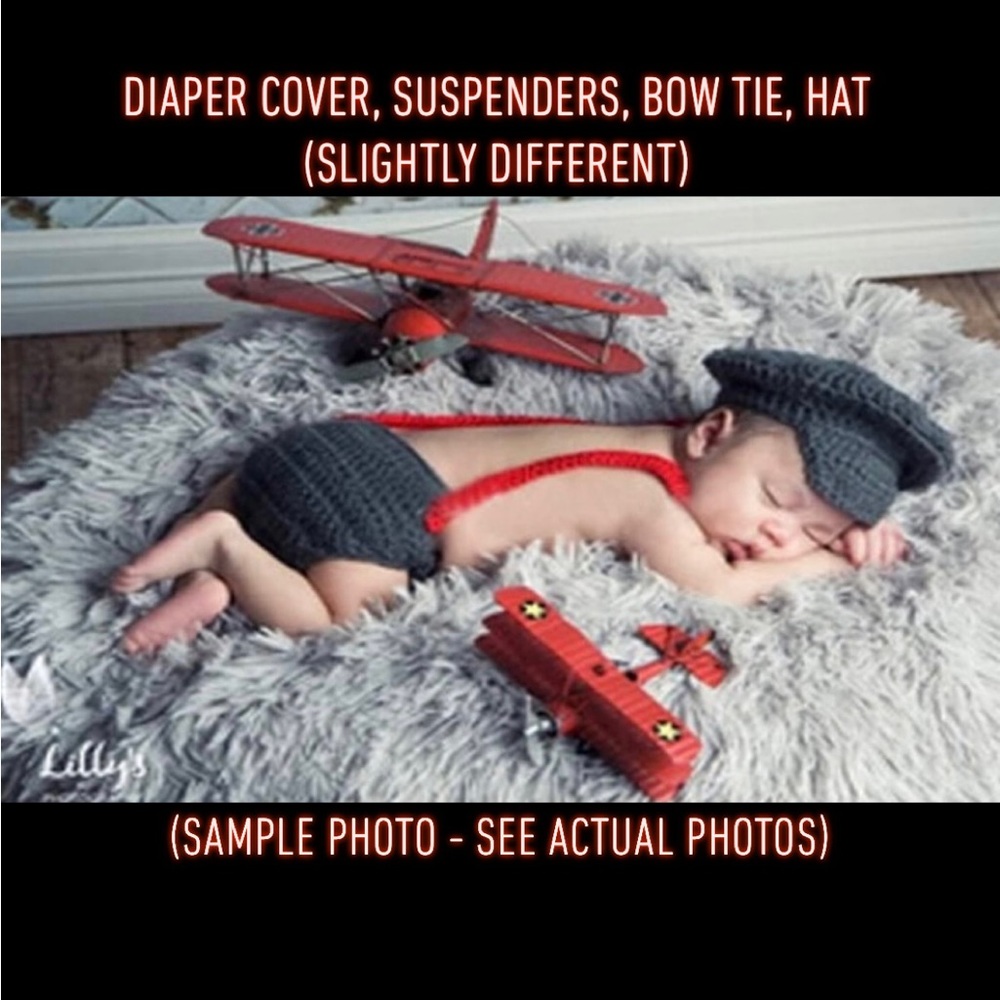 NEW Crochet baby photography photo prop set HAT SUSPENDERS BOW TIE grey red